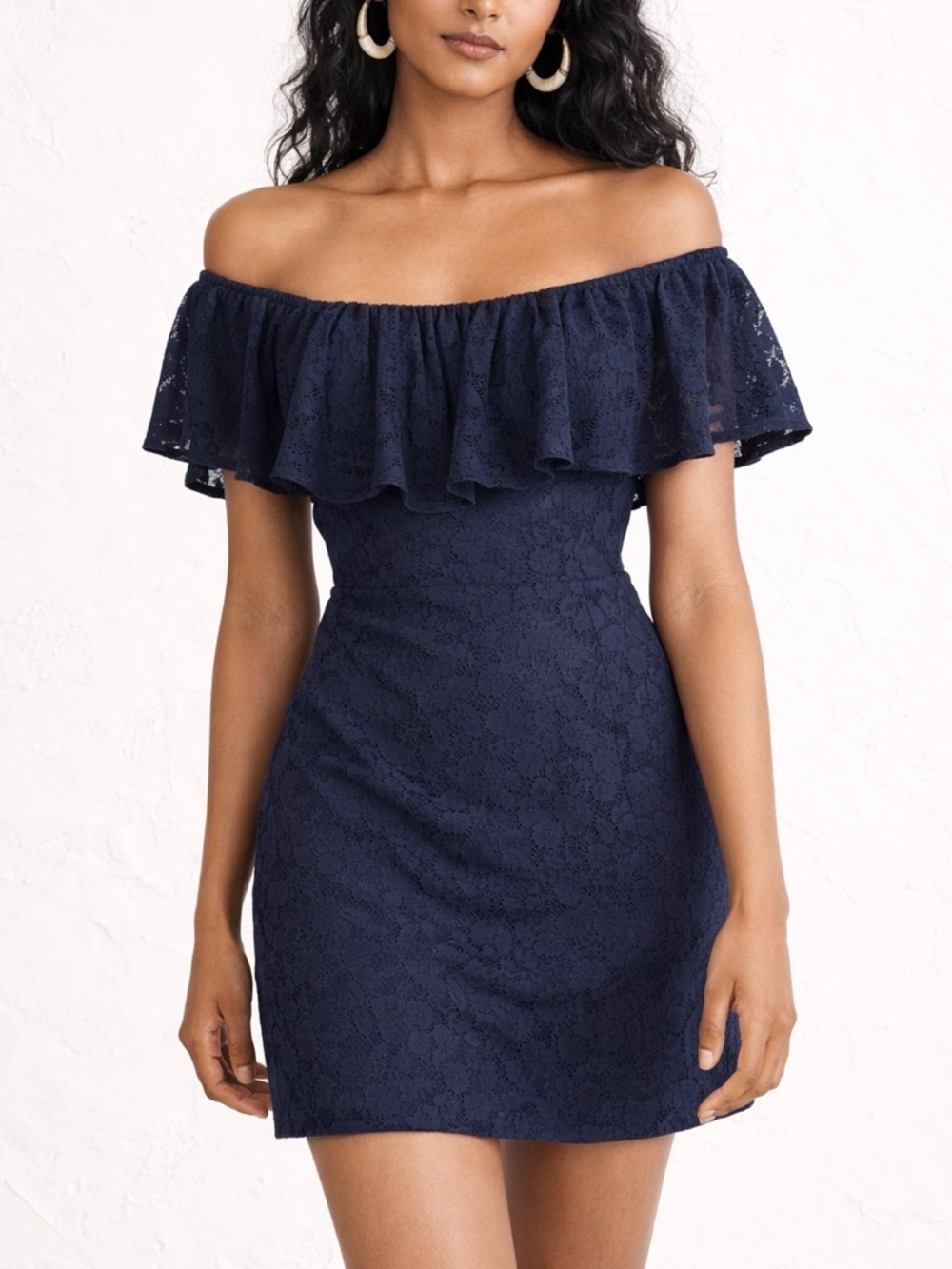 Free People Navy Lace Off Shoulder Mini Dress Boho Romantic Cottagecore - Picture 2 of 10